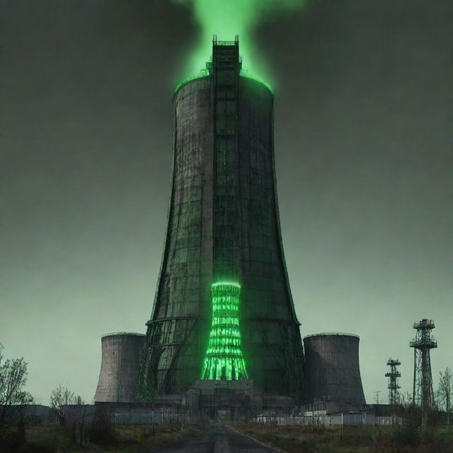 Create an image of the tallest building in a nuclearpunk world. It's a massive reactor tower, glowing ominously with a green hue; built from heavy concrete, metallic shielding, with cooling towers and a crown of radiating energy at the top.