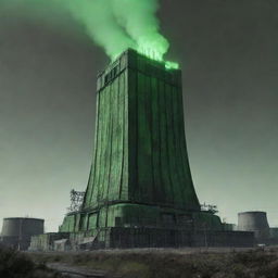 Create an image of the tallest building in a nuclearpunk world. It's a massive reactor tower, glowing ominously with a green hue; built from heavy concrete, metallic shielding, with cooling towers and a crown of radiating energy at the top.