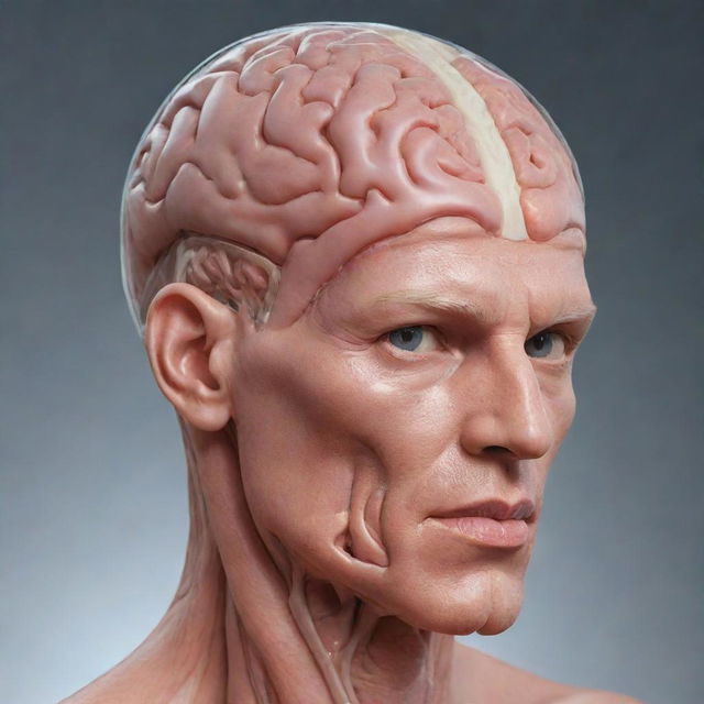 An anatomically accurate human head where the skin and flesh are transparent showing a highly detailed brain.