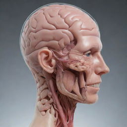 An anatomically accurate human head where the skin and flesh are transparent showing a highly detailed brain.