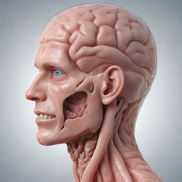 An anatomically accurate human head where the skin and flesh are transparent showing a highly detailed brain.