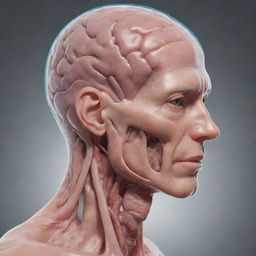 An anatomically accurate human head where the skin and flesh are transparent showing a highly detailed brain.