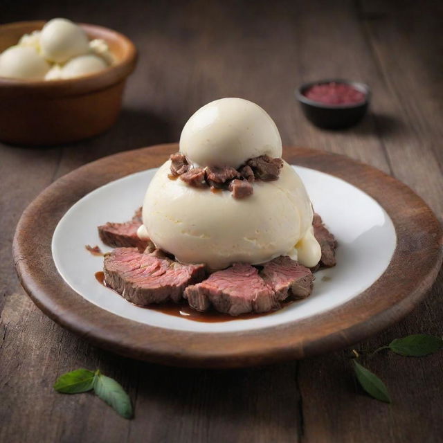 A unique creation of vanilla ice cream served with carefully diced, cooked beef on top, over a rustic wooden table.