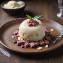 A unique creation of vanilla ice cream served with carefully diced, cooked beef on top, over a rustic wooden table.