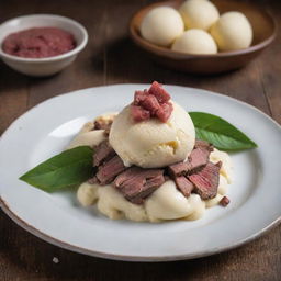 A unique creation of vanilla ice cream served with carefully diced, cooked beef on top, over a rustic wooden table.