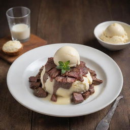 A unique creation of vanilla ice cream served with carefully diced, cooked beef on top, over a rustic wooden table.