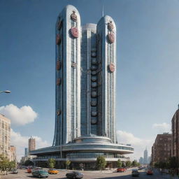 Visualize the tallest building in an atompunk universe. The towering structure reflects mid 20th-century atomic age aesthetics with Space Age technologies. It's sleek, bold, and shiny, defined by curved forms, expansive windows and equipped with large satellite dishes and atomic signs.