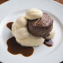 A savory-sweet dish featuring a tender, cooked beef steak topped with a scoop of vanilla ice cream, presented on a white plate.