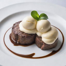 A savory-sweet dish featuring a tender, cooked beef steak topped with a scoop of vanilla ice cream, presented on a white plate.