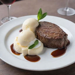 A savory-sweet dish featuring a tender, cooked beef steak topped with a scoop of vanilla ice cream, presented on a white plate.