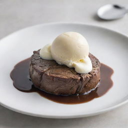 A savory-sweet dish featuring a tender, cooked beef steak topped with a scoop of vanilla ice cream, presented on a white plate.