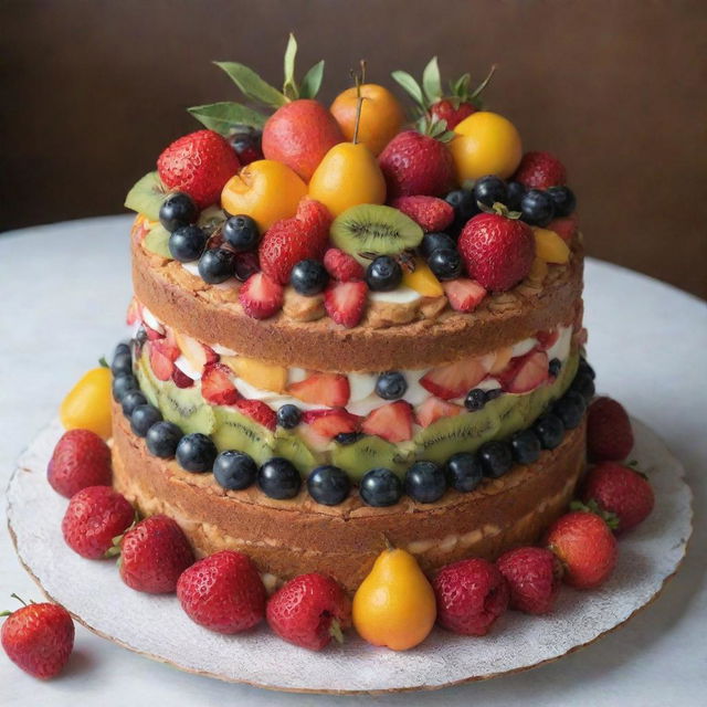 A decadently decorated cake laden with an abundance of fresh, colorful fruit