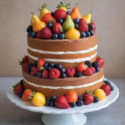 A decadently decorated cake laden with an abundance of fresh, colorful fruit