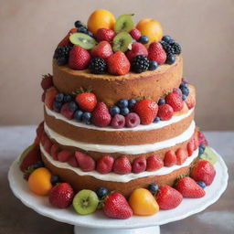 A decadently decorated cake laden with an abundance of fresh, colorful fruit