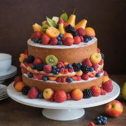 A decadently decorated cake laden with an abundance of fresh, colorful fruit