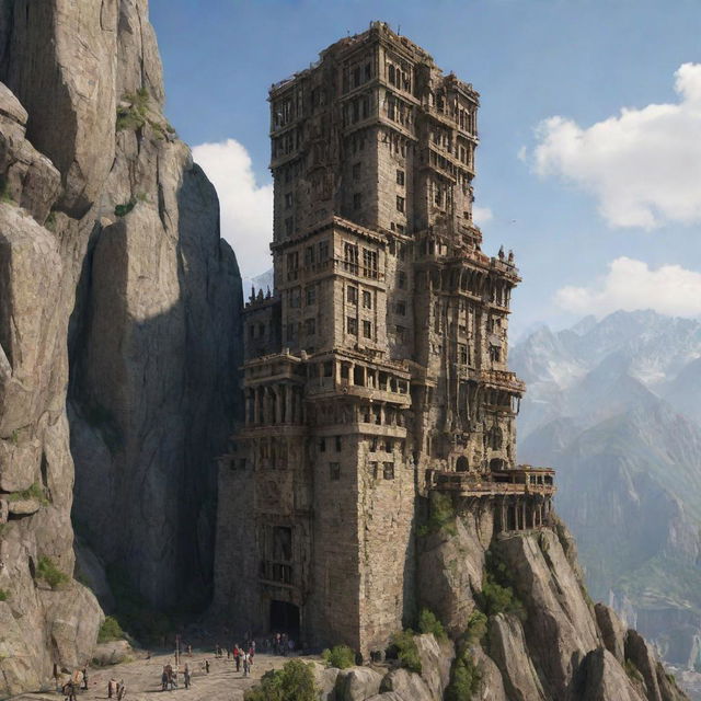 Depict the tallest building in a rockypunk scenario. An imposing edifice carved directly into a mountain, merging stonework and technology. The structural design is robust, with cliff-side balconies, crenellations, and integrated systems of pulleys and gears.