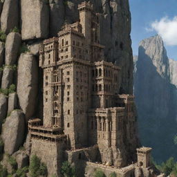 Depict the tallest building in a rockypunk scenario. An imposing edifice carved directly into a mountain, merging stonework and technology. The structural design is robust, with cliff-side balconies, crenellations, and integrated systems of pulleys and gears.