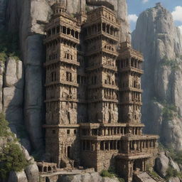 Depict the tallest building in a rockypunk scenario. An imposing edifice carved directly into a mountain, merging stonework and technology. The structural design is robust, with cliff-side balconies, crenellations, and integrated systems of pulleys and gears.