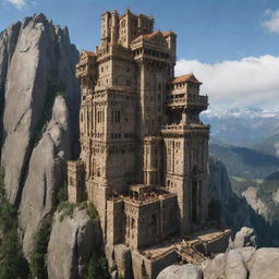 Depict the tallest building in a rockypunk scenario. An imposing edifice carved directly into a mountain, merging stonework and technology. The structural design is robust, with cliff-side balconies, crenellations, and integrated systems of pulleys and gears.