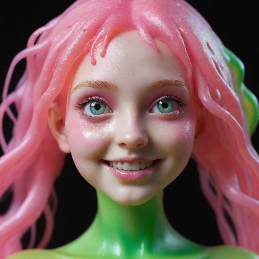 A fantastical figure of a girl made from bright, shimmering slime, while still maintaining her human characteristics like glowing eyes and a playful smile.