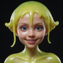 A fantastical figure of a girl made from bright, shimmering slime, while still maintaining her human characteristics like glowing eyes and a playful smile.