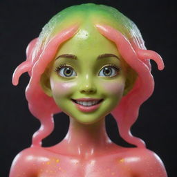 A fantastical figure of a girl made from bright, shimmering slime, while still maintaining her human characteristics like glowing eyes and a playful smile.