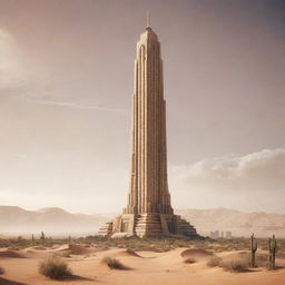 Create an image of the tallest building in a desertpunk setting. This sandy skyscraper should resemble a blend of traditional desert architecture and futuristic technology, complete with sun-reflecting surfaces, large windcatchers, and advanced cooling systems.