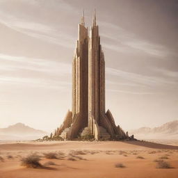 Create an image of the tallest building in a desertpunk setting. This sandy skyscraper should resemble a blend of traditional desert architecture and futuristic technology, complete with sun-reflecting surfaces, large windcatchers, and advanced cooling systems.