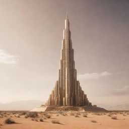 Create an image of the tallest building in a desertpunk setting. This sandy skyscraper should resemble a blend of traditional desert architecture and futuristic technology, complete with sun-reflecting surfaces, large windcatchers, and advanced cooling systems.