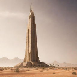 Create an image of the tallest building in a desertpunk setting. This sandy skyscraper should resemble a blend of traditional desert architecture and futuristic technology, complete with sun-reflecting surfaces, large windcatchers, and advanced cooling systems.