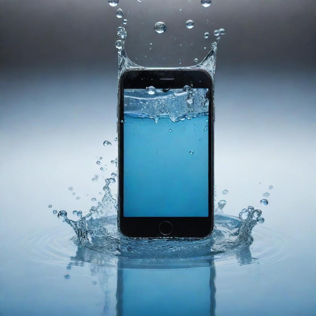 A realistic image of a phone captured in the moment it is dropping into clear, sparkling water, causing droplets to scatter around and the glass surface of the water to ripple.