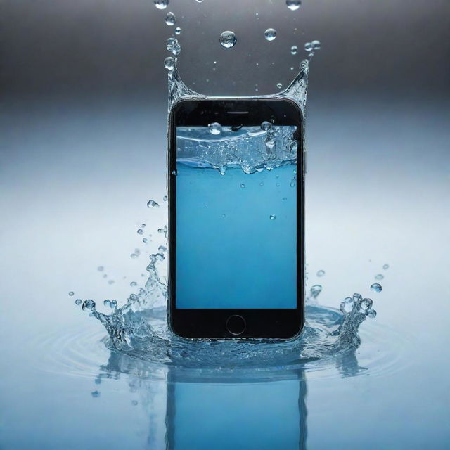 A realistic image of a phone captured in the moment it is dropping into clear, sparkling water, causing droplets to scatter around and the glass surface of the water to ripple.