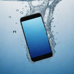 A realistic image of a phone captured in the moment it is dropping into clear, sparkling water, causing droplets to scatter around and the glass surface of the water to ripple.