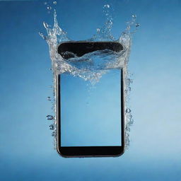 A realistic image of a phone captured in the moment it is dropping into clear, sparkling water, causing droplets to scatter around and the glass surface of the water to ripple.