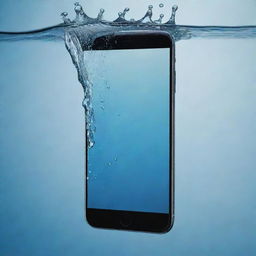 A realistic image of a phone captured in the moment it is dropping into clear, sparkling water, causing droplets to scatter around and the glass surface of the water to ripple.