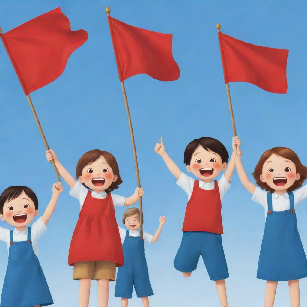 A cartoon depiction of a group of joyful children, each merrily waving a bright red flag in their small hands, under a clear blue sky.