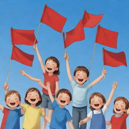 A cartoon depiction of a group of joyful children, each merrily waving a bright red flag in their small hands, under a clear blue sky.