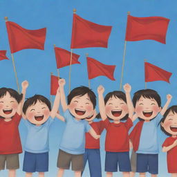 A cartoon depiction of a group of joyful children, each merrily waving a bright red flag in their small hands, under a clear blue sky.