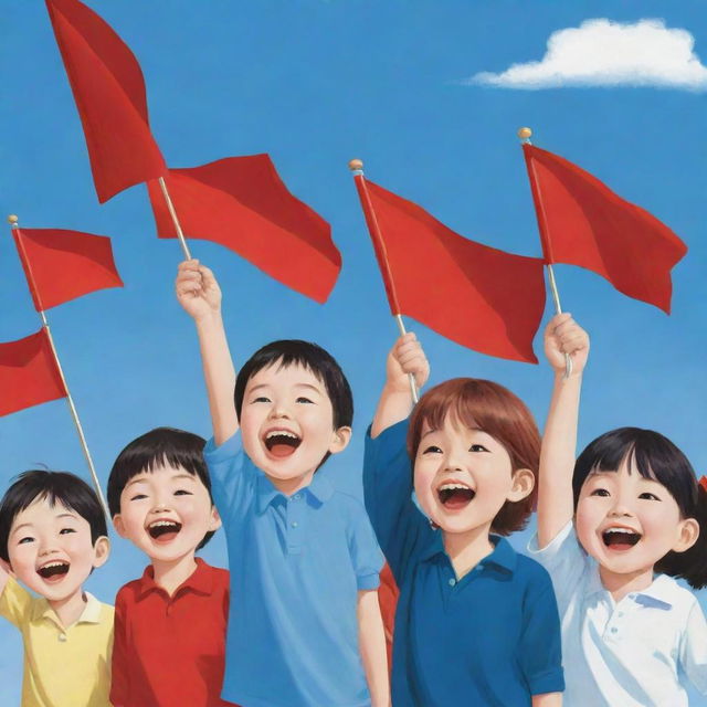 A cartoon depiction of a group of joyful children, each merrily waving a bright red flag in their small hands, under a clear blue sky.