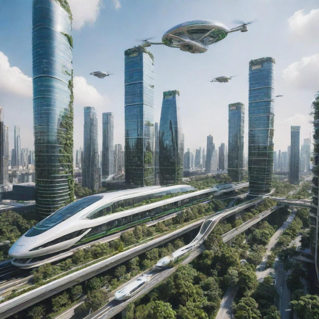 A futuristic smart city with skyscrapers entwined with lush greenery, drones flying overhead, and high-speed transparent trains seamlessly zipping through buildings.