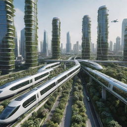 A futuristic smart city with skyscrapers entwined with lush greenery, drones flying overhead, and high-speed transparent trains seamlessly zipping through buildings.