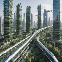 A futuristic smart city with skyscrapers entwined with lush greenery, drones flying overhead, and high-speed transparent trains seamlessly zipping through buildings.