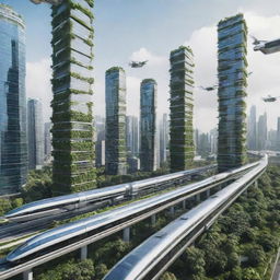 A futuristic smart city with skyscrapers entwined with lush greenery, drones flying overhead, and high-speed transparent trains seamlessly zipping through buildings.