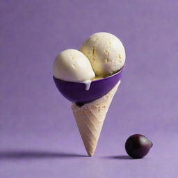 An intriguing still life composition of a scoop of vanilla ice cream delicately balanced atop a whole, vibrant purple brinjal