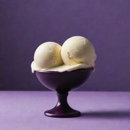 An intriguing still life composition of a scoop of vanilla ice cream delicately balanced atop a whole, vibrant purple brinjal