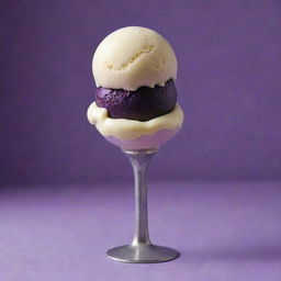 An intriguing still life composition of a scoop of vanilla ice cream delicately balanced atop a whole, vibrant purple brinjal