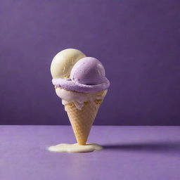 An intriguing still life composition of a scoop of vanilla ice cream delicately balanced atop a whole, vibrant purple brinjal