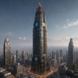 Create an image of the tallest tower in a technicalpunk world. This building embodies the pinnacle of advanced technology, with holographic interfaces, AI-managed levels, sleek and streamlined architectural forms, fiber optic cables outlining the structure, and a grid of illuminating data networks.