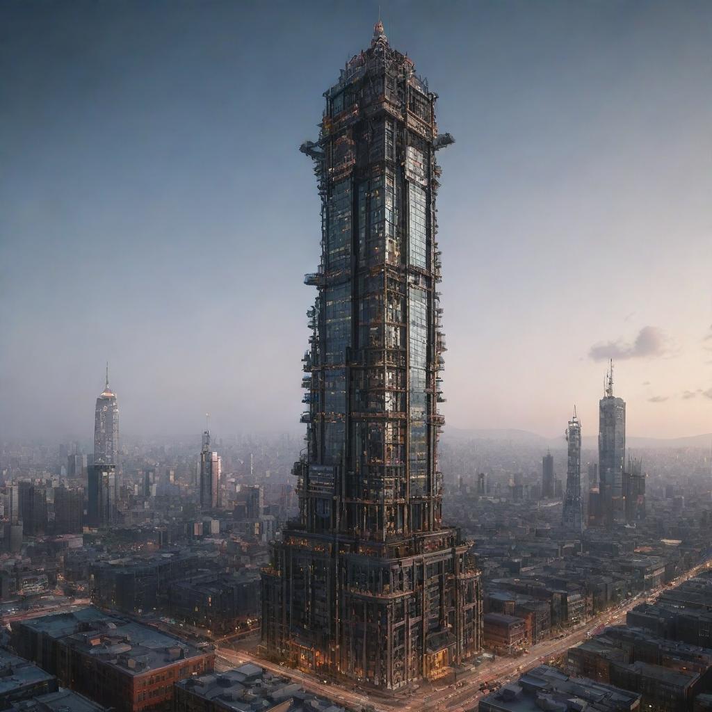 Create an image of the tallest tower in a technicalpunk world. This building embodies the pinnacle of advanced technology, with holographic interfaces, AI-managed levels, sleek and streamlined architectural forms, fiber optic cables outlining the structure, and a grid of illuminating data networks.