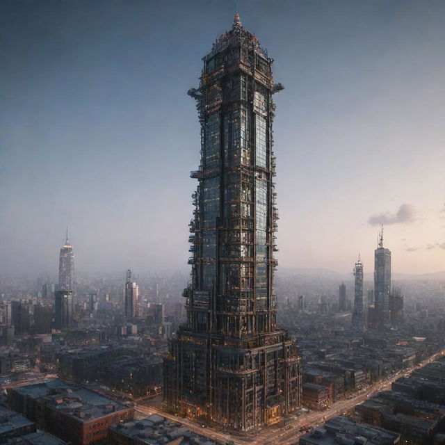 Create an image of the tallest tower in a technicalpunk world. This building embodies the pinnacle of advanced technology, with holographic interfaces, AI-managed levels, sleek and streamlined architectural forms, fiber optic cables outlining the structure, and a grid of illuminating data networks.